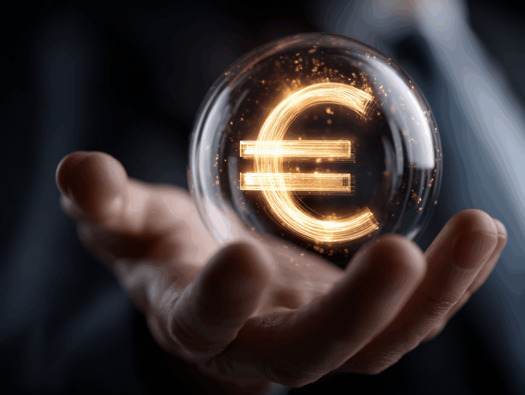 Hand hält eine gläserne Kugel mit leuchtendem Euro-Symbol – Symbol für Kapital, Finanzen und Vermögenssicherung.
