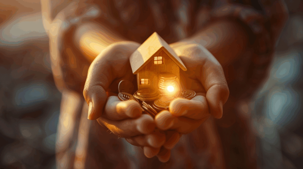 Hände halten ein kleines Holzhaus und Münzen – Symbol für Vermögen, Immobilien und finanzielle Sicherheit.