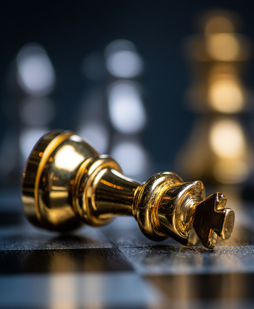 Umgefallene goldene Schachfigur auf dem Spielbrett – Symbol für Fehler, Niederlage und fehlende Strategie.