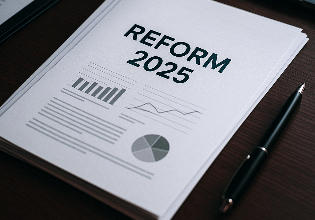 Dokument mit der Aufschrift Reform 2025 und Diagrammen, daneben ein Stift – Symbol für Gesetzesänderungen, Planung und Steuerreformen.
