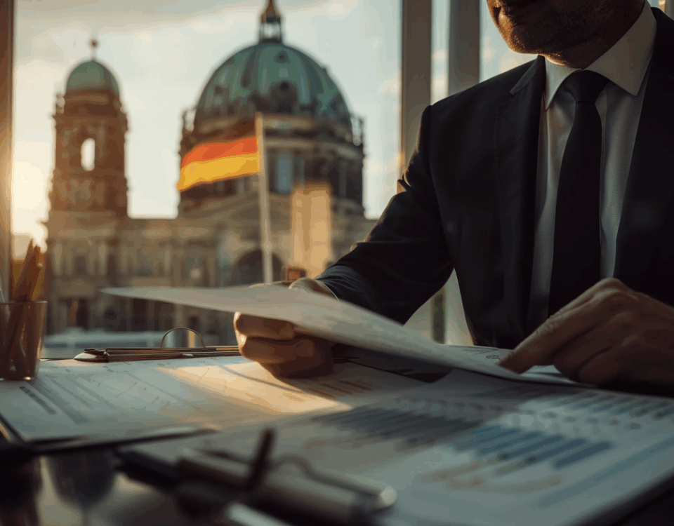 Geschäftsmann im Anzug liest Finanzdokumente mit Diagrammen, im Hintergrund deutsche Flagge – Symbol für Steuergesetze, Reformen und Unternehmensplanung.