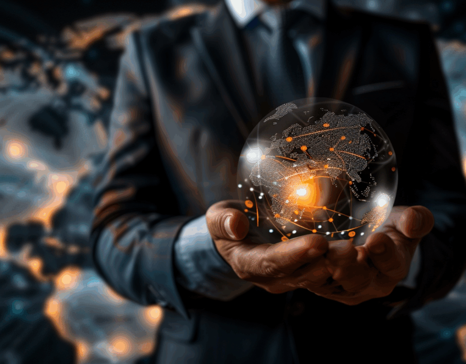 Geschäftsmann im Anzug hält eine leuchtende digitale Weltkugel in den Händen – Symbol für Globalisierung, Vermögensschutz und internationale Strategien.