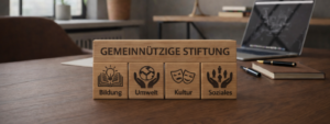 Holzblöcke mit der Aufschrift „Gemeinnützige Stiftung“ und Symbolen für Bildung, Umwelt, Kultur und Soziales auf einem Schreibtisch