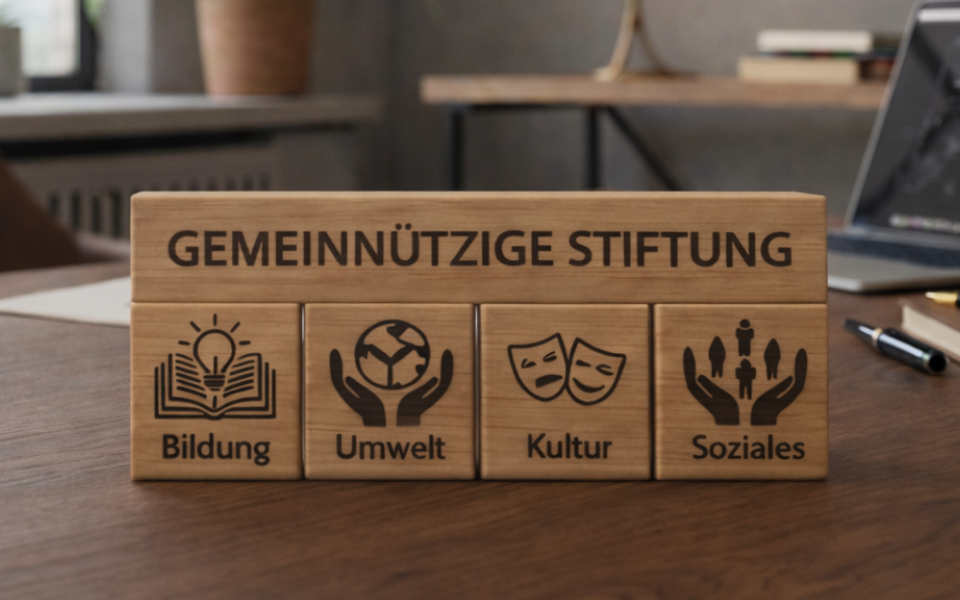 Holzblöcke mit der Aufschrift „Gemeinnützige Stiftung“ und Symbolen für Bildung, Umwelt, Kultur und Soziales auf einem Schreibtisch