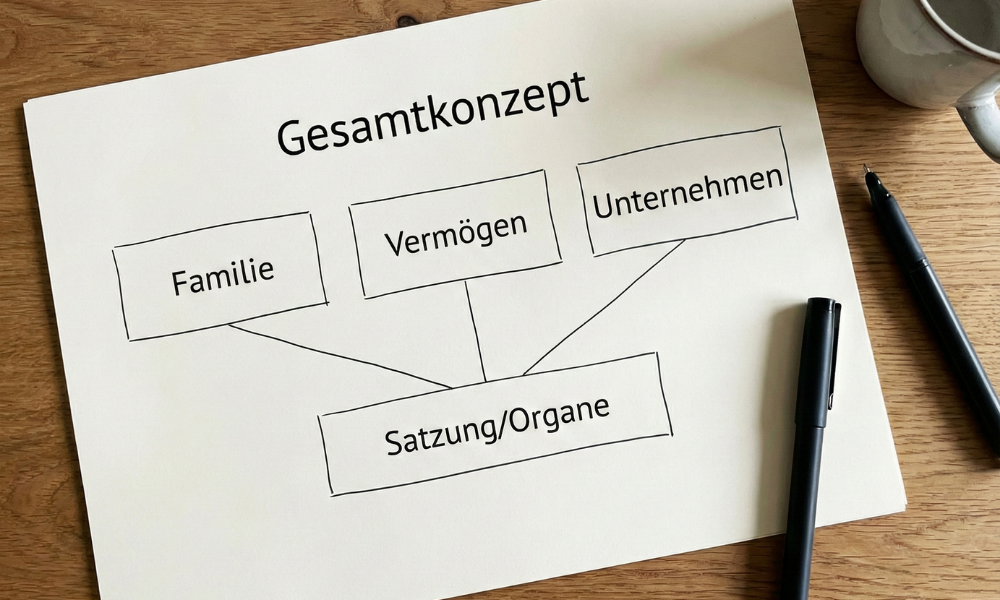 ine handgezeichnete Skizze auf einem Blatt Papier zeigt ein Diagramm mit der Überschrift „Gesamtkonzept“. Drei obere Kästen sind mit „Familie“, „Vermögen“ und „Unternehmen“ beschriftet und durch Linien mit einem unteren Kasten verbunden, der „Satzung/Organe“ enthält. Das Papier liegt auf einem Holztisch neben einem Stift und einer Tasse.