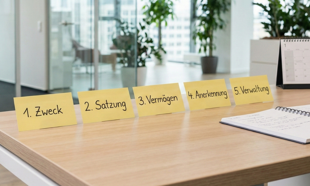 Fünf gelbe Haftnotizen auf einem Holztisch, nummeriert von 1 bis 5 mit den Aufschriften „Zweck“, „Satzung“, „Vermögen“, „Anerkennung“, „Verwaltung“, liegen neben einem aufgeschlagenen Notizbuch und einem Tischkalender in einem Büro.