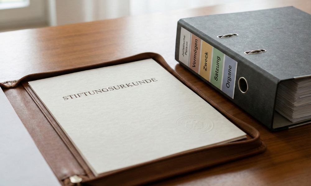 Nahaufnahme auf einem Schreibtisch: Eine offene Ledermappe mit dem Dokument „Stiftungsurkunde“ liegt neben einem Aktenordner mit Registerkarten für Vermögen, Zweck, Satzung und Organe.