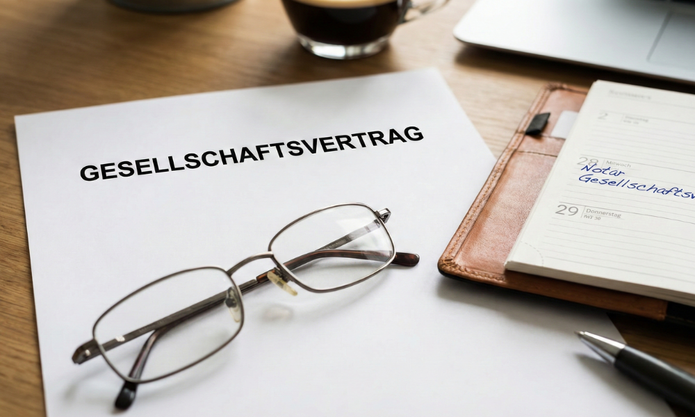 Ein Dokument mit der Aufschrift "GESELLSCHAFTSVERTRAG" liegt auf einem Holzschreibtisch neben einer Lesebrille und einem aufgeschlagenen Terminkalender mit dem handschriftlichen Eintrag "Notar Gesellschaftsvertrag".