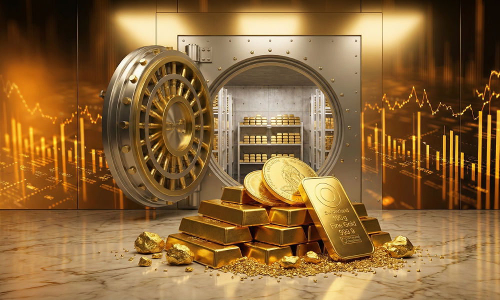 Ein geöffneter Banktresor mit einer großen Ansammlung von Goldbarren, Goldmünzen und Goldnuggets auf einem Marmorboden, vor einem Hintergrund mit goldenen Finanzmarkt-Charts und Graphen.