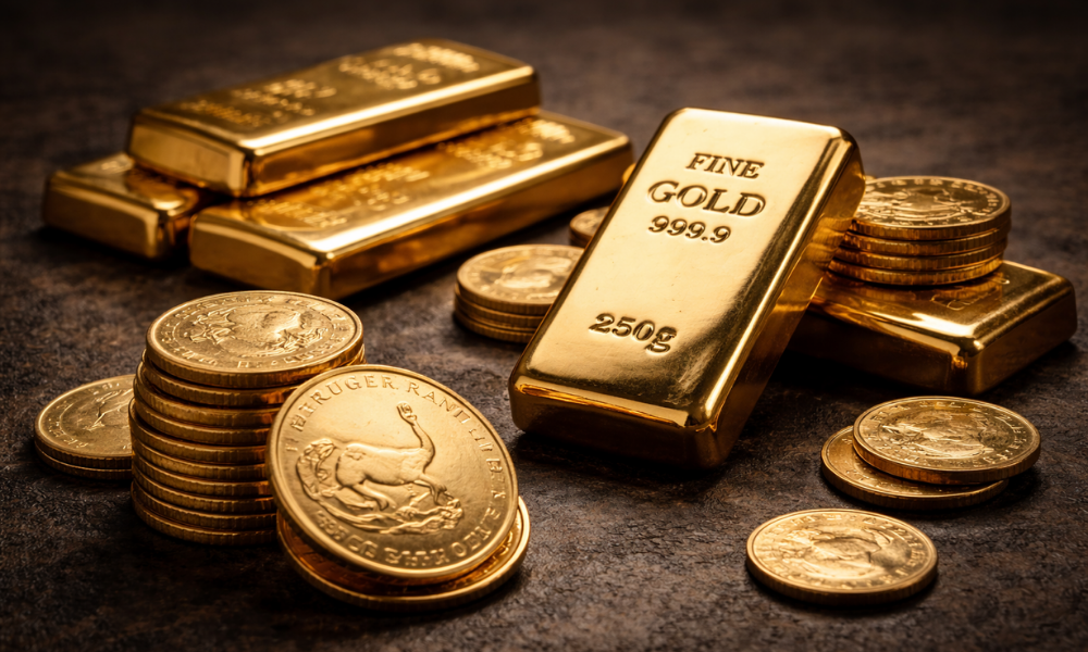 Goldbarren und Goldmünzen auf dunkler Oberfläche als Symbol für Vermögensschutz mit physischem Gold.