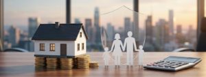 Ein Modellhaus auf Stapeln von Goldmünzen und eine Papierfamilie unter einem durchsichtigen Schutzschild stehen neben einem Taschenrechner auf einem Büroschreibtisch vor einem Stadtpanorama, was den Schutz von Familienvermögen symbolisiert.