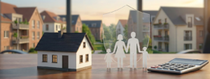 Ein konzeptionelles Foto zeigt auf einem polierten Holztisch ein weißes Modellhaus mit grauem Dach, eine ausgeschnittene Papierfamilie (Mann, Frau, zwei Kinder) hinter einem transparenten Plexiglas-Schild und einen Taschenrechner. Der Hintergrund ist unscharf und zeigt durch ein großes Fenster eine Wohnsiedlung mit mehrstöckigen Ziegelhäusern bei warmem Sonnenuntergangslicht. Die Objekte im Vordergrund sind scharf fokussiert.