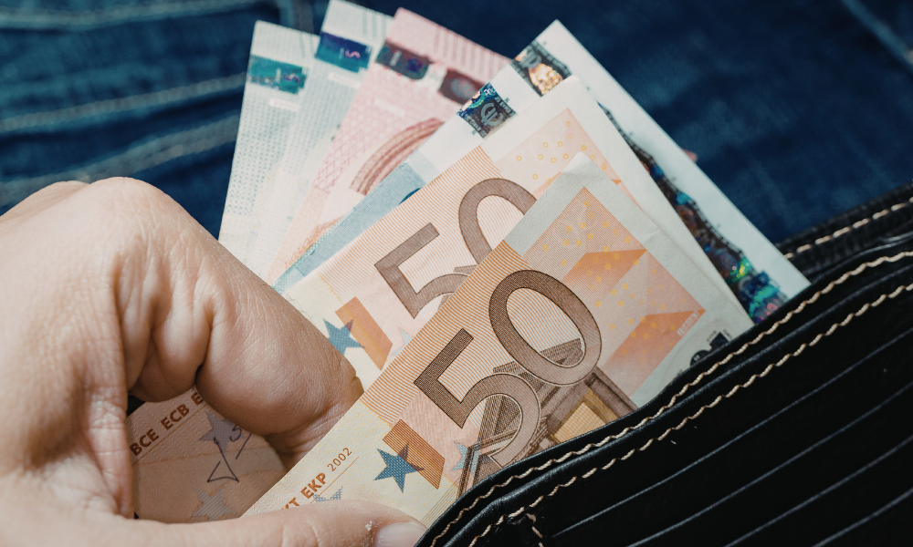 Hand zieht mehrere Eurobanknoten aus einer Geldbörse und symbolisiert verfügbare Liquidität sowie Möglichkeiten zum Steuern sparen als Selbstständiger & Freiberufler