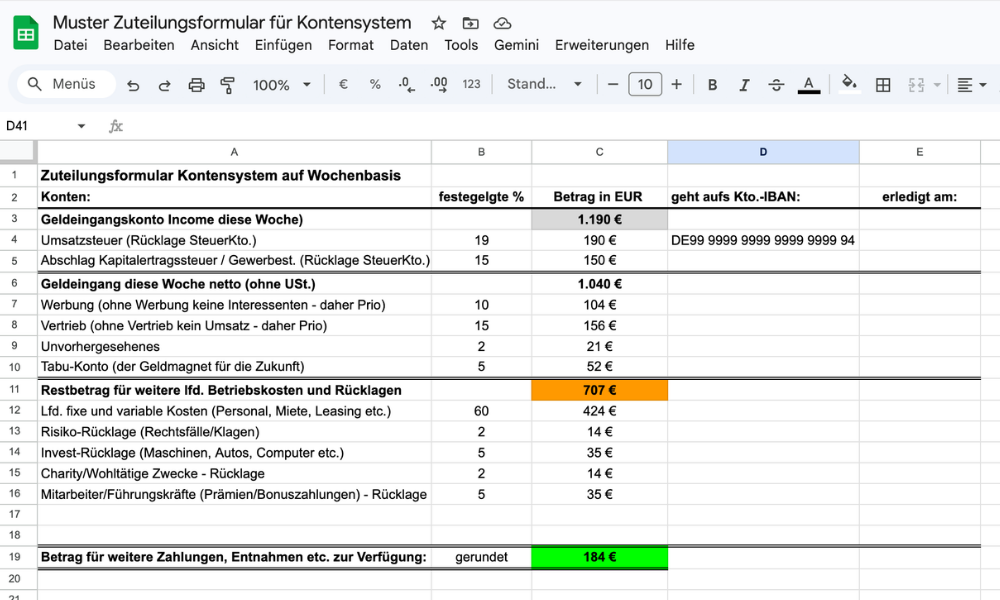 Screenshot eines beispielhaften  Zuteilungsformulars in einer Tabellenkalkulation, das wöchentliche Einnahmen auf Steuerkonto, Werbung, Vertrieb, Rücklagen und laufende Betriebskosten verteilt, um die Liquidität im Unternehmen zu verbessern