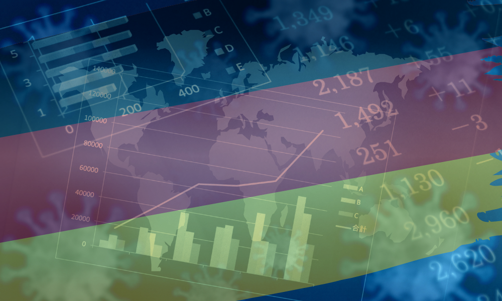 Digitale Grafik mit Weltkarte, Diagrammen und Zahlen zur wirtschaftlichen Entwicklung, überlagert von farbigen Streifen als Symbol für wirtschaftliche Rahmenbedingungen und steuerliche Strategien wie die Sonderabschreibung beim IAB