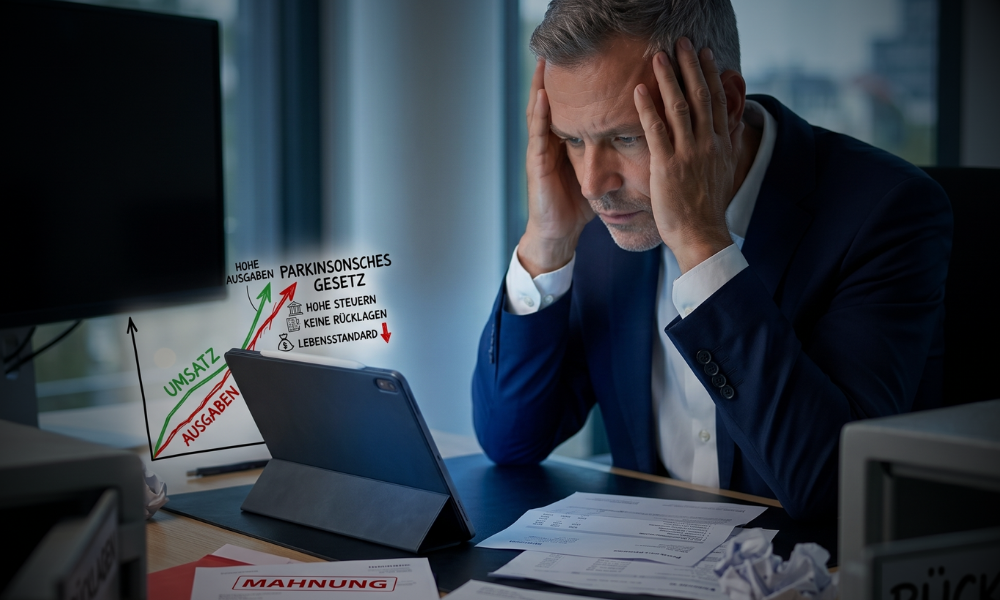 Gestresster Unternehmer sitzt mit Tablet und Unterlagen am Schreibtisch; daneben sind eine Mahnung, steigende Ausgaben, Umsatzkurven und Hinweise zum Parkinsonschen Gesetz zu sehen, als Symbol für Liquiditätsprobleme und den Bedarf, die Liquidität im Unternehmen zu verbessern