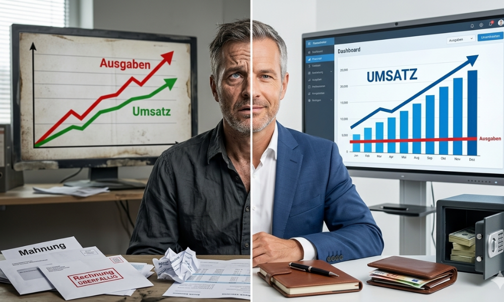 Geteiltes Bild eines Unternehmers: links ein chaotischer Arbeitsplatz mit Mahnung, überfälliger Rechnung und Diagramm, bei dem die Ausgaben stärker steigen als der Umsatz; rechts ein geordneter Arbeitsplatz mit Umsatz-Dashboard, stabilen Ausgaben und Tresor als Symbol dafür, wie sich die Liquidität im Unternehmen verbessern lässt