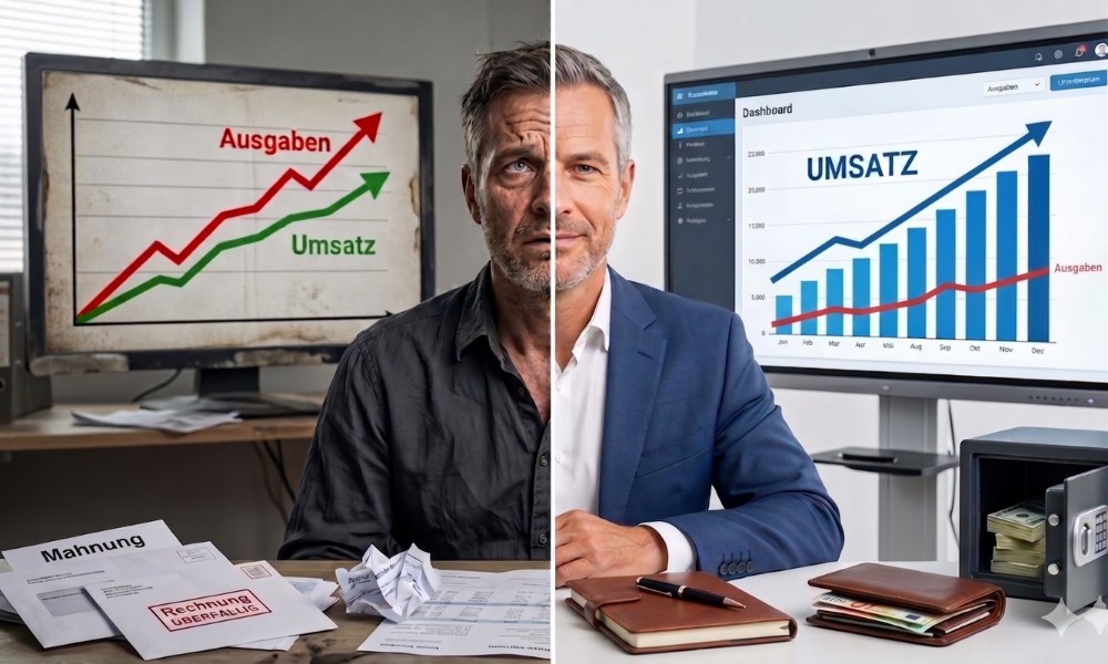 Geteiltes Bild eines Unternehmers: links ein chaotischer Arbeitsplatz mit Mahnung, überfälliger Rechnung und Diagramm, bei dem die Ausgaben stärker steigen als der Umsatz; rechts ein geordneter Arbeitsplatz mit Umsatz-Dashboard, stabilen Ausgaben und Tresor als Symbol dafür, wie sich die Liquidität im Unternehmen verbessern lässt