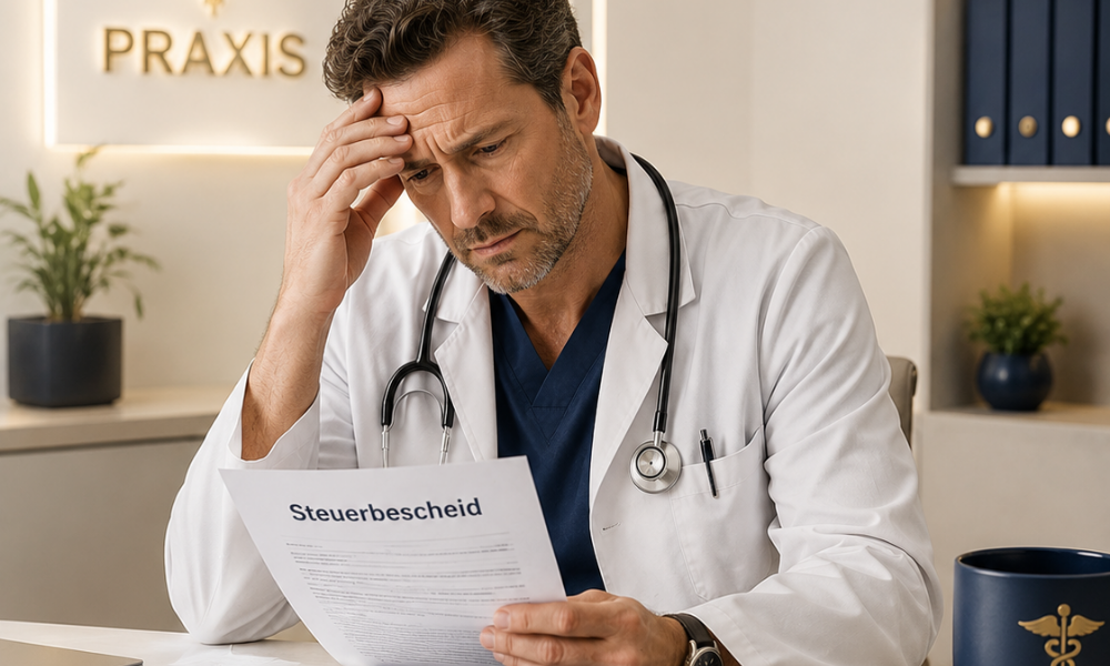 Besorgter Arzt in einer Praxis liest einen Steuerbescheid und fasst sich an die Stirn; das Bild verdeutlicht, warum Ärzte ihre Steuerstruktur oft zu spät prüfen, wenn sie ihr zu versteuerndes Einkommen senken wollen