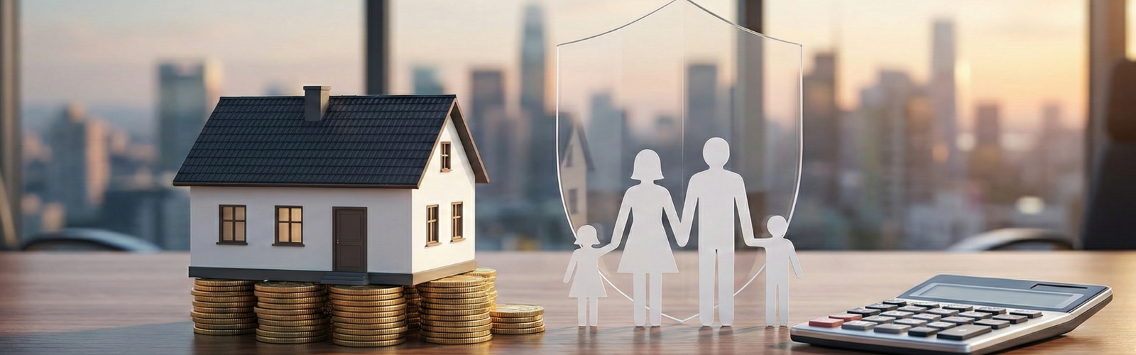 Ein Modellhaus auf Stapeln von Goldmünzen und eine Papierfamilie unter einem durchsichtigen Schutzschild stehen neben einem Taschenrechner auf einem Büroschreibtisch vor einem Stadtpanorama, was den Schutz von Familienvermögen symbolisiert.