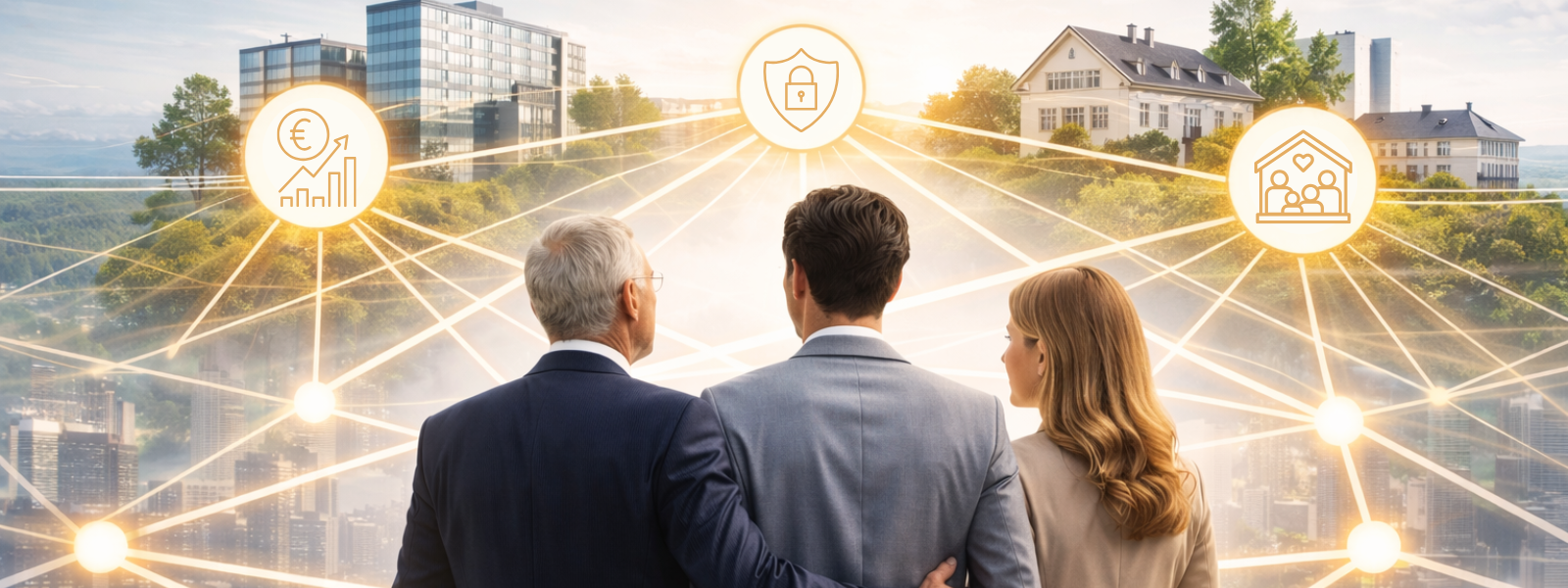 Rückansicht von drei Geschäftsleuten unterschiedlicher Generationen, die auf eine Stadt blicken. Ein leuchtendes Netzwerk verbindet sie mit Symbolen für Tresor (Vermögensschutz), Governance und Geschäftstätigkeit, was strategische Kontinuität visualisiert.