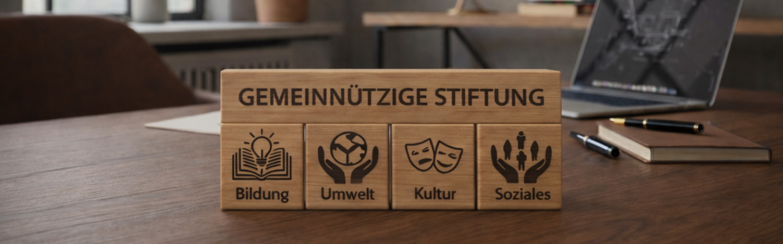 Holzblöcke mit der Aufschrift „Gemeinnützige Stiftung“ und Symbolen für Bildung, Umwelt, Kultur und Soziales auf einem Schreibtisch