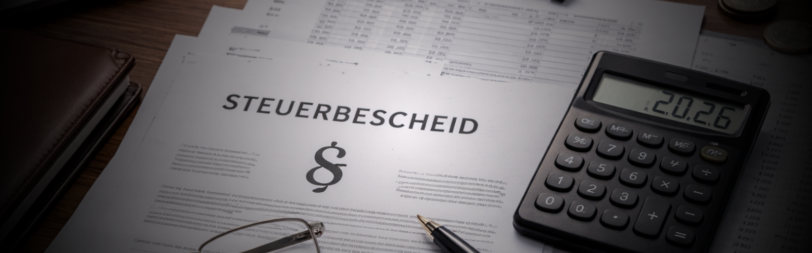 Steuerbescheid liegt mit Taschenrechner, Stift, Brille und Finanzunterlagen auf einem Schreibtisch und verdeutlicht das Thema, warum Unternehmer zu viele Steuern zahlen