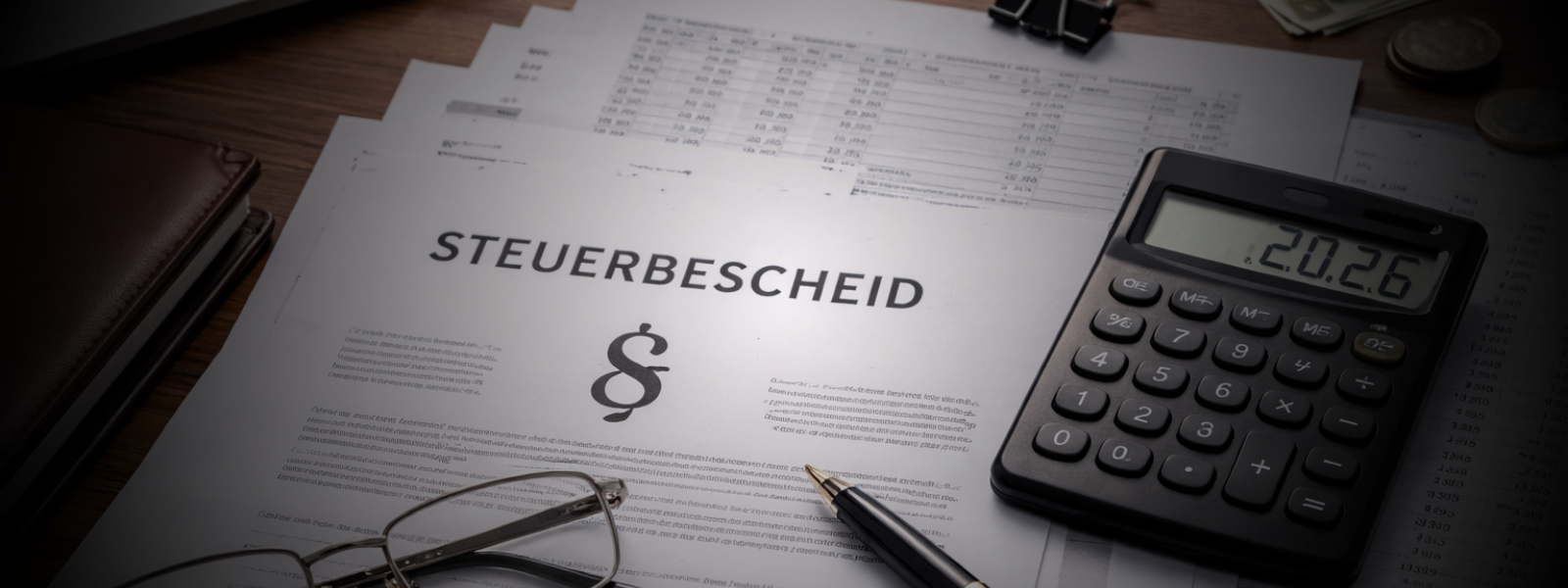Steuerbescheid liegt mit Taschenrechner, Stift, Brille und Finanzunterlagen auf einem Schreibtisch und verdeutlicht das Thema, warum Unternehmer zu viele Steuern zahlen
