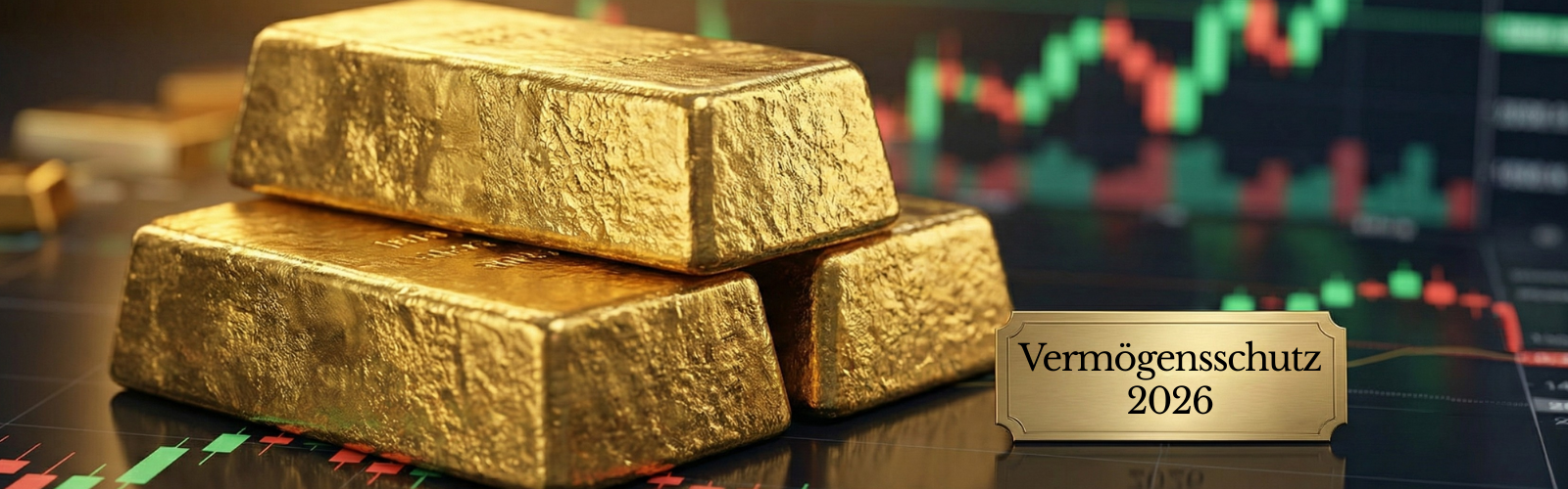 Gestapelte Feingoldbarren mit rauer Oberfläche liegen auf einem dunklen Untergrund vor einem unscharfen digitalen Börsenchart mit grünen und roten Kursverläufen. Daneben steht ein goldenes Schild mit der Gravur „Vermögensschutz 2026“.
