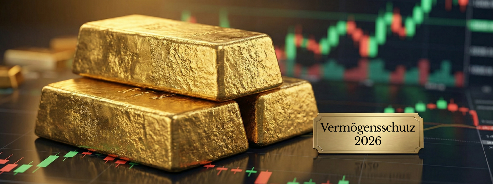 Gestapelte Feingoldbarren mit rauer Oberfläche liegen auf einem dunklen Untergrund vor einem unscharfen digitalen Börsenchart mit grünen und roten Kursverläufen. Daneben steht ein goldenes Schild mit der Gravur „Vermögensschutz 2026“.