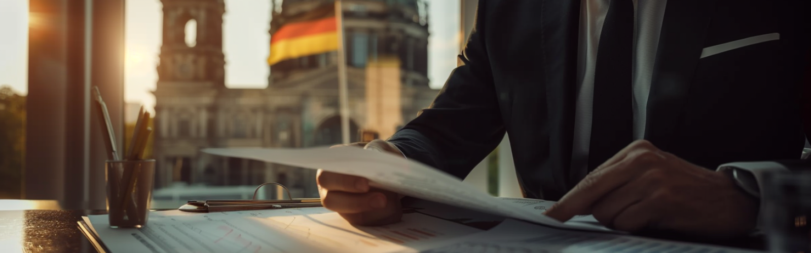 Geschäftsmann im Anzug liest Finanzdokumente mit Diagrammen, im Hintergrund deutsche Flagge – Symbol für Steuergesetze, Reformen und Unternehmensplanung.