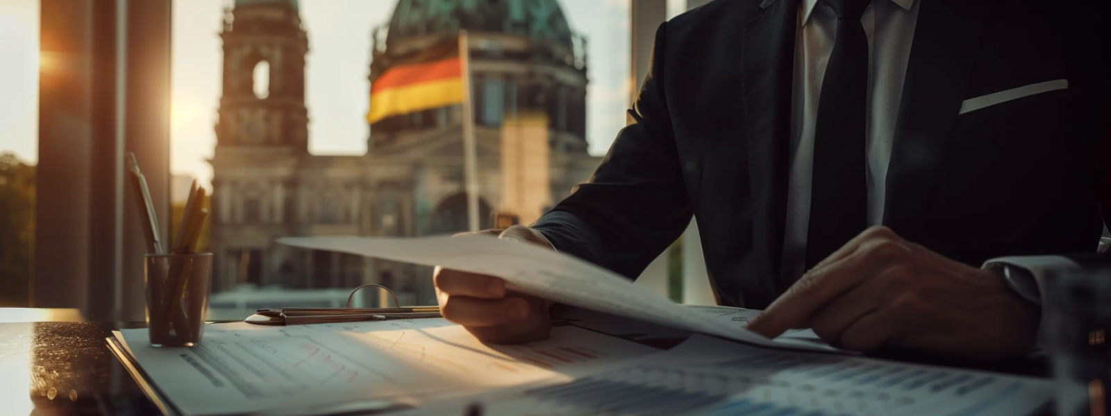 Geschäftsmann im Anzug liest Finanzdokumente mit Diagrammen, im Hintergrund deutsche Flagge – Symbol für Steuergesetze, Reformen und Unternehmensplanung.