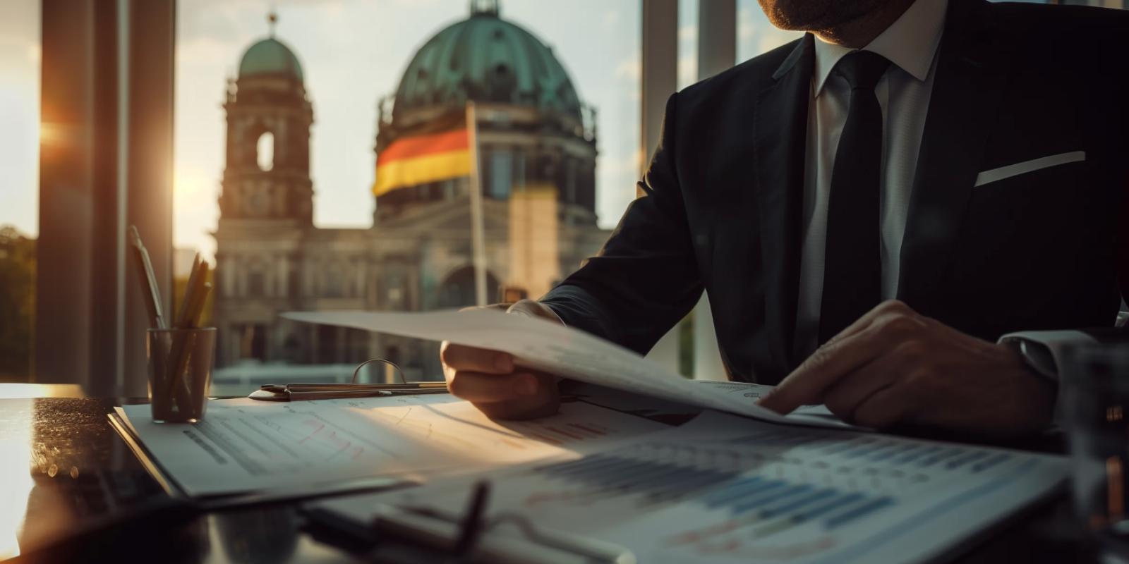 Geschäftsmann im Anzug liest Finanzdokumente mit Diagrammen, im Hintergrund deutsche Flagge – Symbol für Steuergesetze, Reformen und Unternehmensplanung.