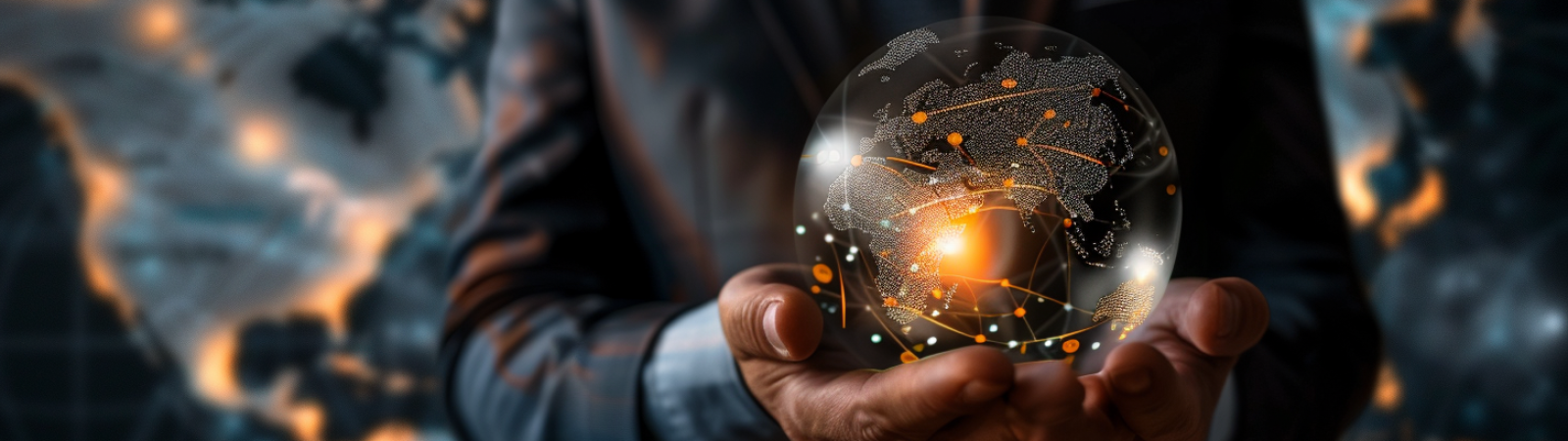 Geschäftsmann im Anzug hält eine leuchtende digitale Weltkugel in den Händen – Symbol für Globalisierung, Vermögensschutz und internationale Strategien.