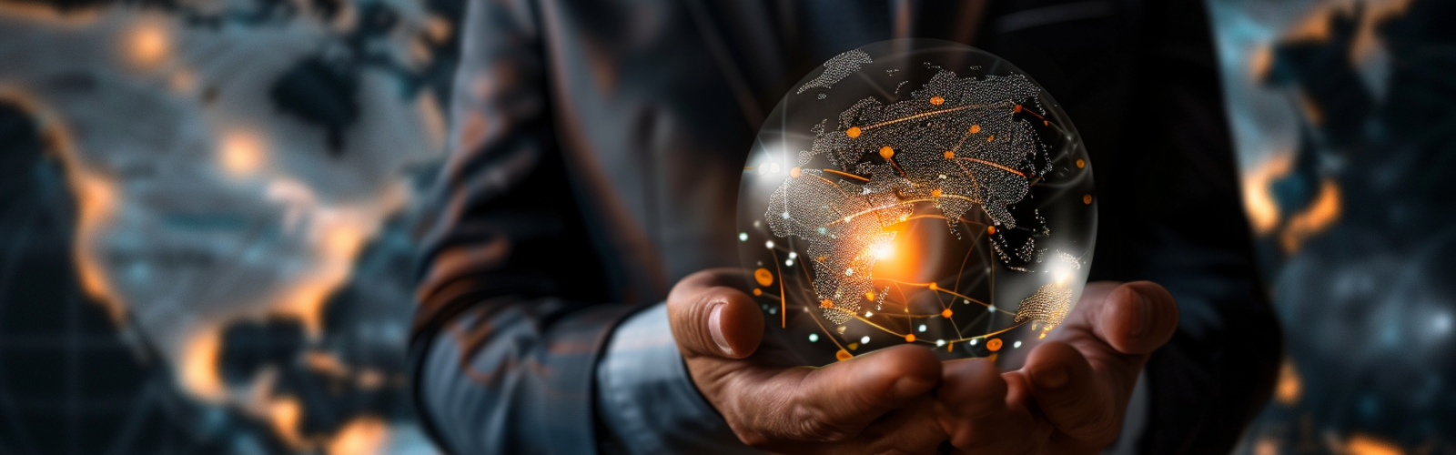 Geschäftsmann im Anzug hält eine leuchtende digitale Weltkugel in den Händen – Symbol für Globalisierung, Vermögensschutz und internationale Strategien.